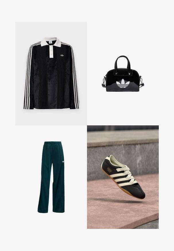 Sort fløjl langærmet polo shirt med en hvid ribbestrikket krave, tre knapper, struktureret front og tre hvide striber på hver ærme.; Mørk teal træningsbukser lavet af letvægtigt stof, med et simpelt design, elastisk talje og hvide sideaccenter.; Sort atletiksko med cremefarvede striber og snørebånd, med lav profil, glat tekstur og gummisål for godt greb. Mærkeetiket synlig.; Sort patentlæder håndtaske med rund form, to top-håndtag, sølvdetaljer og en fremtrædende hvid logo på fronten.