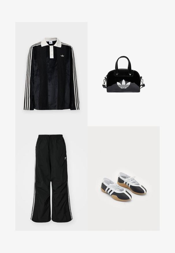 Sort fløjl langærmet polo shirt med en hvid ribbestrikket krave, tre knapper, struktureret front og tre hvide striber på hver ærme.; Sorte vindjakke-bukser med elastisk talje, snøre, hvide side-striber, løs pasform og en lille logo på venstre side.; Sort-hvide sportsko med et slankt design, gummisål, snørebåndslukning og tre hvide striber på siden.; Sort patentlæder håndtaske med rund form, to top-håndtag, sølvdetaljer og en fremtrædende hvid logo på fronten.