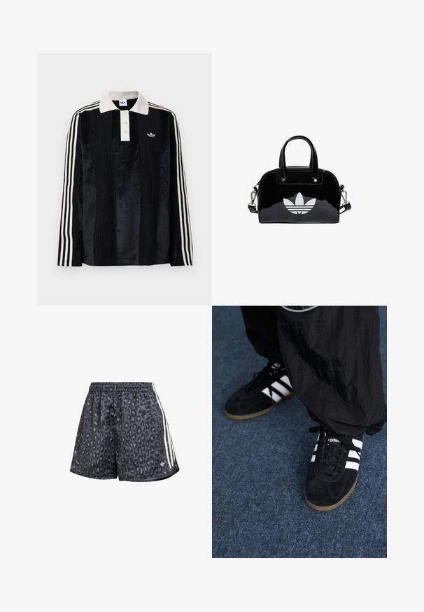 Schwarzes Samt-Poloshirt mit langen Ärmeln und einem weißen gerippten Kragen, drei Knöpfen, strukturiertem Vorderteil und drei weißen Streifen an jedem Arm.; Schwarze Shorts mit einem Leopardenmuster, elastischem Bund und drei weißen vertikalen Streifen an den Seiten.; Schwarze Wildleder-Sportschuhe mit drei weißen Streifen und schwarzen Schnürsenkeln. Eine strukturierte schwarze Hose ist teilweise neben den Schuhen sichtbar.; Schwarze Handtasche aus Lackleder mit abgerundeter Form, doppelten Tragegriffen, silbernen Akzenten und einem auffälligen weißen Logo auf der Vorderseite.