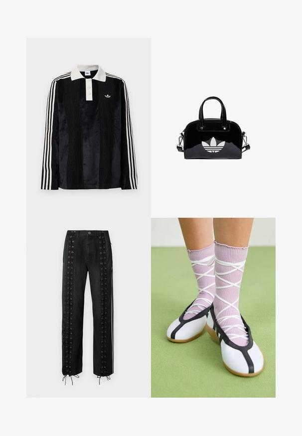Sort fløjl langærmet polo shirt med en hvid ribbestrikket krave, tre knapper, struktureret front og tre hvide striber på hver ærme.; Sorte denimbukser med sidepaneler med snøredetaljer, maljer og justerbare snorelukninger ved kanten. Rette bukseben.; Ben iført ribbet lilla sokker med hvide krydsede stropper kombineret med hvide balletsko med sort kant på grøn gulv.; Sort patentlæder håndtaske med rund form, to top-håndtag, sølvdetaljer og en fremtrædende hvid logo på fronten.