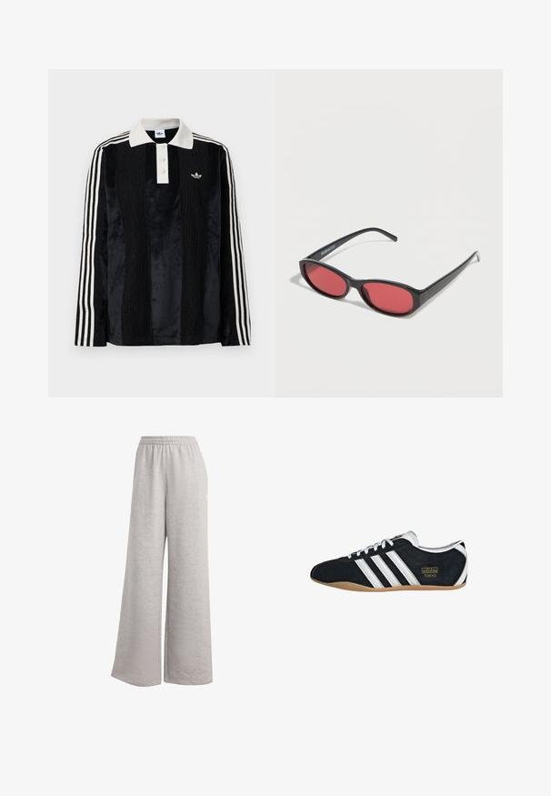 Sort fløjl langærmet polo shirt med en hvid ribbestrikket krave, tre knapper, struktureret front og tre hvide striber på hver ærme.; Lys grå sweatsbukser med en løs pasform, elastisk talje og blød tekstur. Har subtil branding på den ene side. Casual design.; Sort ruskinds sneaker med hvide tre striber, guldlogo og en brun gummisål. Har et lavprofil snørebåndsdesign.; Sorte ovale solbriller med tynde arme og rødtonede linser, der ligger på en hvid overflade.