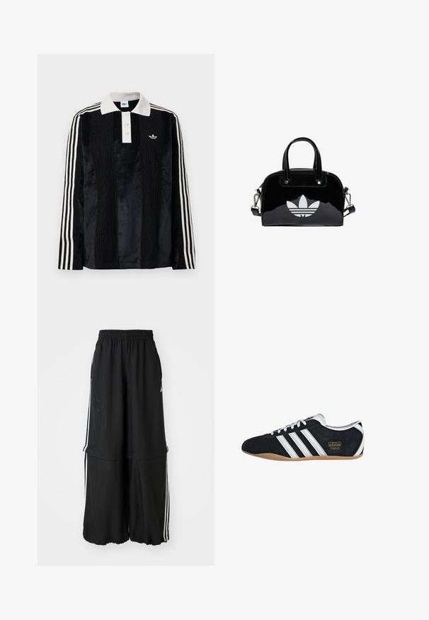 Sort fløjl langærmet polo shirt med en hvid ribbestrikket krave, tre knapper, struktureret front og tre hvide striber på hver ærme.; Sorte atletiske bukser med elastisk talje, sidelæns striber og en løs pasform med en samlet kant for en luftig silhuet.; Sort ruskinds sneaker med hvide tre striber, guldlogo og en brun gummisål. Har et lavprofil snørebåndsdesign.; Sort patentlæder håndtaske med rund form, to top-håndtag, sølvdetaljer og en fremtrædende hvid logo på fronten.