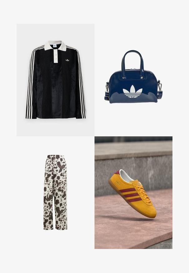 Sort fløjl langærmet polo shirt med en hvid ribbestrikket krave, tre knapper, struktureret front og tre hvide striber på hver ærme.; adidas Originals COW PRINT SATIN WIDE LEG - Træningsbukser - multicolor off white; Gul ruskindssneaker med røde striber, flad sål og polstret krave; har snørelukning og mærketag.; Skinnende mørkeblå håndtaske med dobbelte håndtag og justerbar rem, med en stor hvid Adidas trefoil-logo på forsiden.