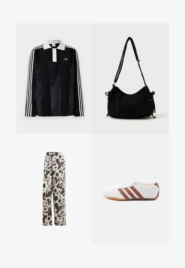 Zwarte fluwelen long-sleeve polo shirt met een witte geribbelde kraag, drie knopen, een textuur aan de voorkant en drie witte strepen op elke mouw.; adidas Originals COW PRINT SATIN WIDE LEG - Trainingsbroek - multicolor off white; Witte lage sneaker met bruine leren strepen, veterluiting en een zool van gumrubber, gezien vanaf de binnenkant op een witte achtergrond.; Zwarte corduroy schoudertas met een gebogen vorm, een verstelbare schouderband en trekkoordsluitingen aan beide zijkanten voor maataanpassing.