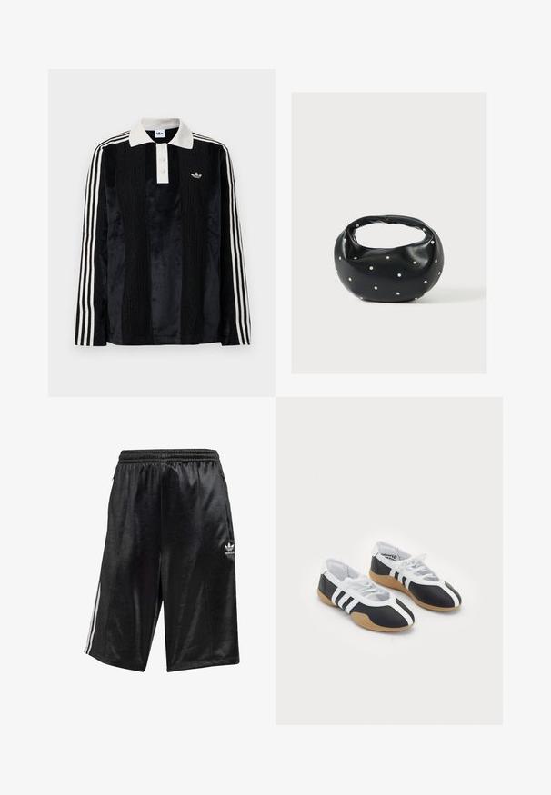 Sort fløjl langærmet polo shirt med en hvid ribbestrikket krave, tre knapper, struktureret front og tre hvide striber på hver ærme.; Sorte atletiske shorts lavet af glat stof, med elastisk talje og snor, sidelommer og tre hvide striber langs siderne.; Sort-hvide sportsko med et slankt design, gummisål, snørebåndslukning og tre hvide striber på siden.; Sort læderhåndtaske med en rundet form, dekoreret med sølvnitter, og et kort håndtag. Glat tekstur og lynlåslukning.