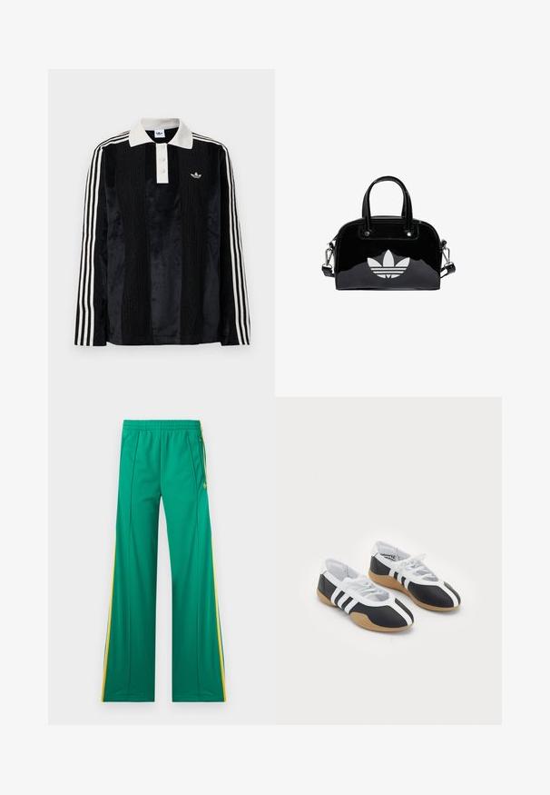 Sort fløjl langærmet polo shirt med en hvid ribbestrikket krave, tre knapper, struktureret front og tre hvide striber på hver ærme.; Grønne træningsbukser med gule sidelommer, elastisk talje og lynlåslommer, vist fladt mod en hvid baggrund.; Sort-hvide sportsko med et slankt design, gummisål, snørebåndslukning og tre hvide striber på siden.; Sort patentlæder håndtaske med rund form, to top-håndtag, sølvdetaljer og en fremtrædende hvid logo på fronten.