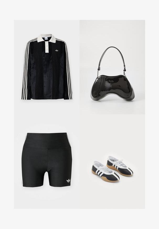 Zwarte fluwelen long-sleeve polo shirt met een witte geribbelde kraag, drie knopen, een textuur aan de voorkant en drie witte strepen op elke mouw.; Zwarte atletische shorts van rekbaar materiaal met een hoge taille. Bevatte witte zijstrepen en een klein wit logo aan de zoom.; Zwart-witte sport schoenen met een slank ontwerp, rubberen zool, vetersluiting en drie witte strepen aan de zijkanten.; Zwarte gepatenteerde leren handtas met een unieke gebogen vorm, korte verstelbare handgreep en een ritsopening. Glad uiterlijk met subtiele branding.