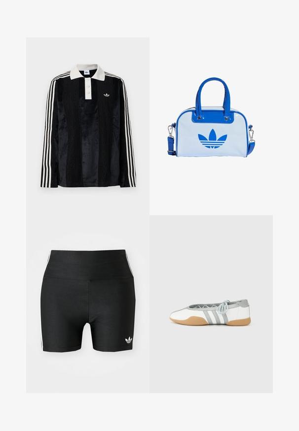 Camisa polo de manga larga de terciopelo negro con un collar acanalado blanco, tres botones, frente texturizado y tres rayas blancas en cada manga.; Pantalones cortos deportivos negros en una tela elástica con una cintura alta. Presentan franjas laterales blancas y un pequeño logo blanco en el dobladillo.; Bailarinas blancas y grises con punta redondeada y cordón elástico, con tres rayas grises y suela de goma beige.; Bolso azul y blanco con acabado brillante, que cuenta con dos asas azules, una correa de hombro desmontable y un prominente logo azul en la parte frontal.