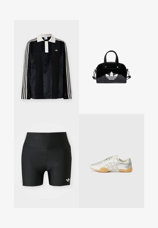 Sort fløjl langærmet polo shirt med en hvid ribbestrikket krave, tre knapper, struktureret front og tre hvide striber på hver ærme.; Sorte atletiske shorts i en strækbar kvalitet med høj talje. Har hvide side-striber og et lille hvidt logo ved sømmen.; Sølvfarvet sportssko med en glat læderoverdel, gummisål og teksturerede detaljer. Har et buet design og tonede snørebånd.; Sort patentlæder håndtaske med rund form, to top-håndtag, sølvdetaljer og en fremtrædende hvid logo på fronten.