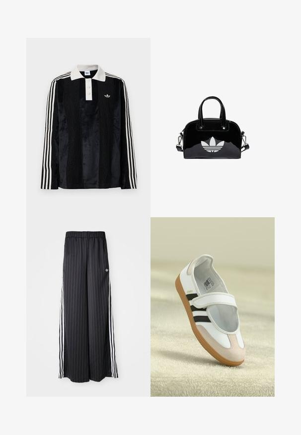Camisa polo de manga larga de terciopelo negro con un collar acanalado blanco, tres botones, frente texturizado y tres rayas blancas en cada manga.; Pantalones negros de pierna ancha con rayas blancas verticales, cinturilla elástica y tres rayas blancas a lo largo del lado. Logo de Adidas en la parte frontal.; Zapato blanco con puntera de ante rosa, rayas negras y una correa de Velcro. Cuenta con una suela de goma color tostado y un logo en el lateral.; Bolso de mano de charol negro con forma redondeada, dos asas en la parte superior, acentos plateados y un prominente logotipo blanco en la parte delantera.