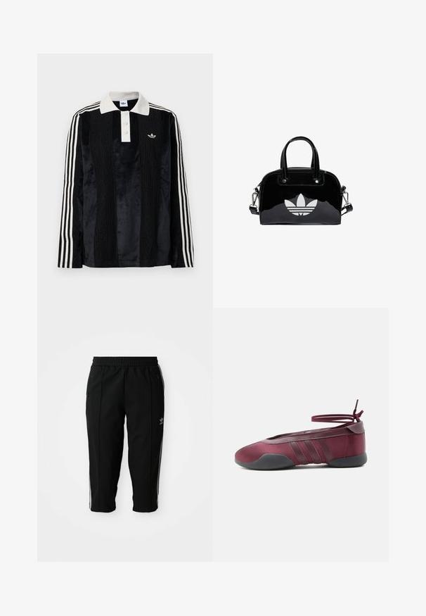 Sort fløjl langærmet polo shirt med en hvid ribbestrikket krave, tre knapper, struktureret front og tre hvide striber på hver ærme.; Sorte træningsbukser med elastisk talje, sidelommer med lynlås og hvide accentstriber langs sømmene. Lavet af et glat og holdbart materiale.; Burgunderfarvet balletsko med sort sål, elastiske ankelstropper bundet i sløjfe og syninger på siderne, vist fra ydersiden.; Sort patentlæder håndtaske med rund form, to top-håndtag, sølvdetaljer og en fremtrædende hvid logo på fronten.