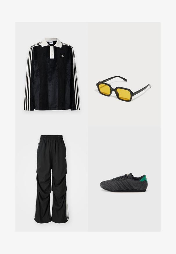 Schwarzes Samt-Poloshirt mit langen Ärmeln und einem weißen gerippten Kragen, drei Knöpfen, strukturiertem Vorderteil und drei weißen Streifen an jedem Arm.; Schwarz weite Hosen mit elastischem Bund, Kordelzug und weißen Seitenstreifen; aus leichtem Stoff mit glatter Textur.; Schwarzer Sneaker mit niedrigem Profil und dezentem Blumenmuster, schwarzen Schnürsenkeln, grünem Fersenband und goldenem Logo auf Zunge und Ferse.; Schwarze rechteckige Sonnenbrillen mit gelben Gläsern. Merkmale sind dicke Rahmen und ein kantiges Design mit einer glatten, glänzenden Oberfläche.