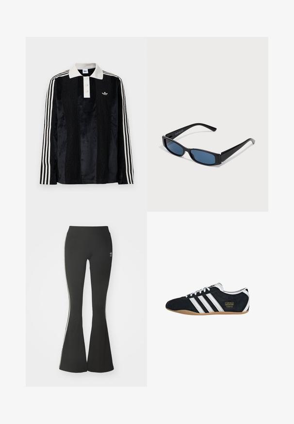 Schwarzes Samt-Poloshirt mit langen Ärmeln und einem weißen gerippten Kragen, drei Knöpfen, strukturiertem Vorderteil und drei weißen Streifen an jedem Arm.; Schwarze ausgestellte Leggings aus Stretchmaterial mit hohem Bund und weißen Seitenstreifen. Inklusive kleinem Logo am Bund.; Schwarze Wildledersneaker mit drei weißen Streifen, goldenem Logo und brauner Gummisohle. Merkmale ein niedrigprofiliertes Schnürdesign.; Schwarze Sonnenbrille mit einem eleganten rechteckigen Rahmen und blauen Gläsern. Besitzt eine glatte Oberfläche und robuste Scharniere. Markenlogo an der Seite.