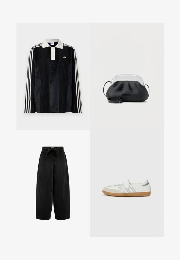 Sort fløjl langærmet polo shirt med en hvid ribbestrikket krave, tre knapper, struktureret front og tre hvide striber på hver ærme.; Sorte bredbenede jeans lavet af denim, med høj talje, bindebånd foran og synlige sømme langs sømmene.; Hvid sneaker med sølvstriber, ruskindsspids og velcrolukning. Sål af tekstureret gummimateriale. Minimalistisk design med glat finish.; Sort blød lædertaske med et klart plast topgreb og en sort justerbar skulderrem, hvilende på en hvid overflade.