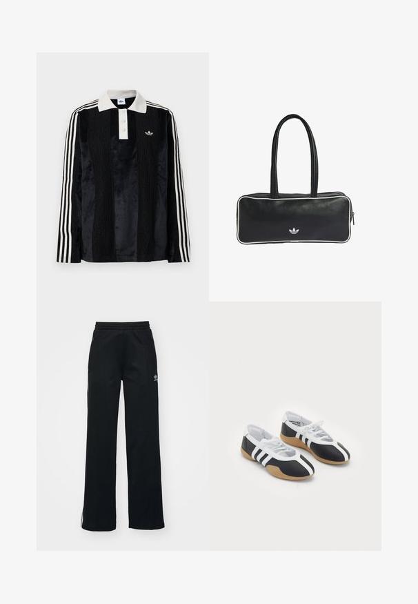 Camisa polo de manga larga de terciopelo negro con un collar acanalado blanco, tres botones, frente texturizado y tres rayas blancas en cada manga.; Pantalones deportivos negros con corte relajado, cintura con cordón, bolsillos laterales con cremallera y sutil marca blanca en la pierna izquierda.; Zapatillas deportivas en blanco y negro con un diseño elegante, suela de goma, cierre de cordones y tres franjas blancas en los lados.; Bolso de cuero negro con forma rectangular, que cuenta con dos asas, ribete blanco y un pequeño logo blanco en el frente.
