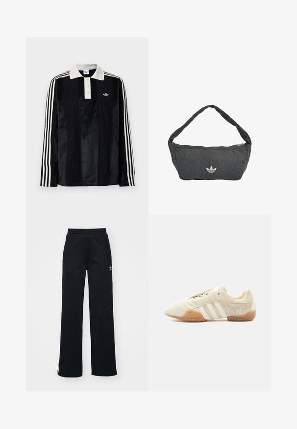 Camisa polo de manga larga de terciopelo negro con un collar acanalado blanco, tres botones, frente texturizado y tres rayas blancas en cada manga.; Pantalones deportivos negros con corte relajado, cintura con cordón, bolsillos laterales con cremallera y sutil marca blanca en la pierna izquierda.; Zapatilla beige de perfil bajo con tres franjas blancas, paneles laterales de ante texturizado, suela de goma y cierre con cordones sobre un fondo liso.; Bolso de hombro gris oscuro hecho de tejido texturizado, con cierre de cremallera y un logo bordado en el frente. Correa larga y curva.