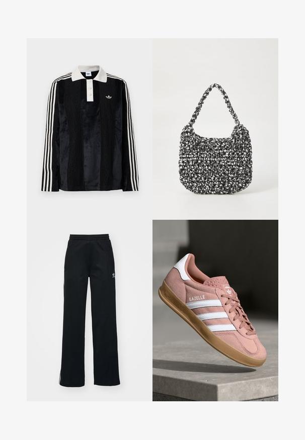 Sort fløjl langærmet polo shirt med en hvid ribbestrikket krave, tre knapper, struktureret front og tre hvide striber på hver ærme.; Sorte træningsbukser med en afslappet pasform, snoretræk i taljen, sidelommer med lynlås og diskret hvid branding på venstre ben.; Rosa ruskinds sneaker med hvide striber, gummisål, tekstureret overdel og logo på tungen. Klassisk low-top design.; Vævet håndtaske i sort og hvid med en rund form, tekstureret overflade og et fletet håndtag. Velegnet til afslappet brug.