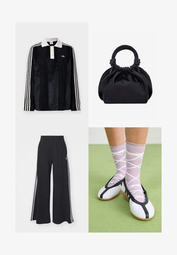 Sort fløjl langærmet polo shirt med en hvid ribbestrikket krave, tre knapper, struktureret front og tre hvide striber på hver ærme.; Sorte bukser med vide ben og elastik i taljen, med tre hvide striber langs ydersiderne og et lille logo foran.; Ben iført ribbet lilla sokker med hvide krydsede stropper kombineret med hvide balletsko med sort kant på grøn gulv.; Sort blød stofhåndtaske med samlet top og cirkulære polstrede håndtag bundet med knuder på hver side.