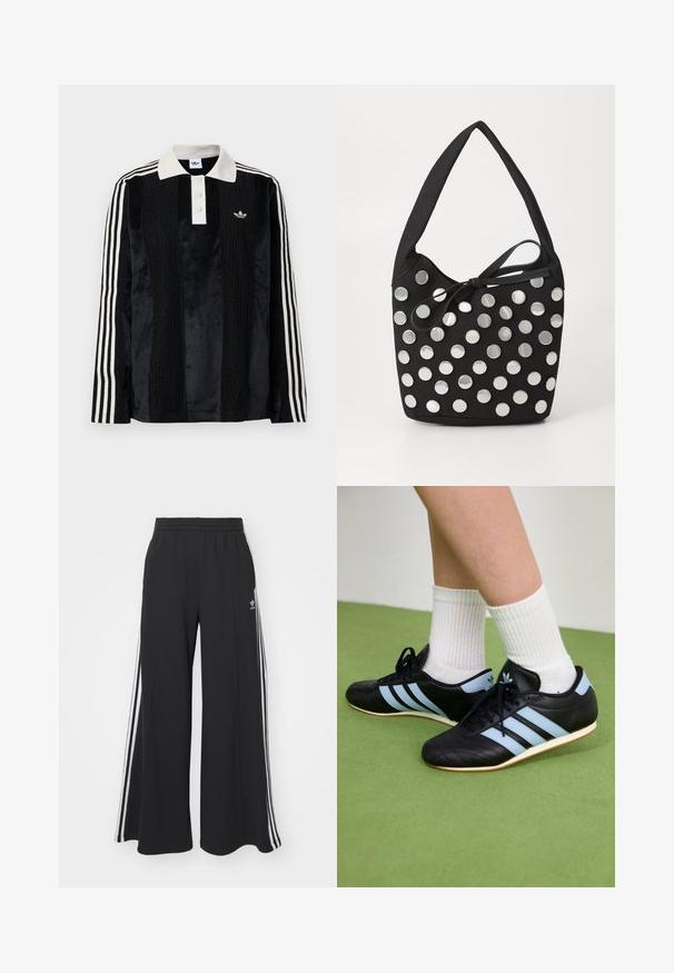 Camisa polo de manga larga de terciopelo negro con un collar acanalado blanco, tres botones, frente texturizado y tres rayas blancas en cada manga.; Pantalones negros de pierna ancha con cintura elástica, con tres rayas blancas a lo largo de los lados exteriores y un pequeño logotipo en la parte delantera.; Zapatillas deportivas de cuero negro con rayas azul claro, parte superior texturizada y suelas de goma, combinadas con calcetines de rayas blancas sobre un suelo verde.; Bolso de tela negro con forma redondeada, adornado con tachuelas metálicas circulares plateadas dispuestas en un patrón, y un detalle de tela atado.