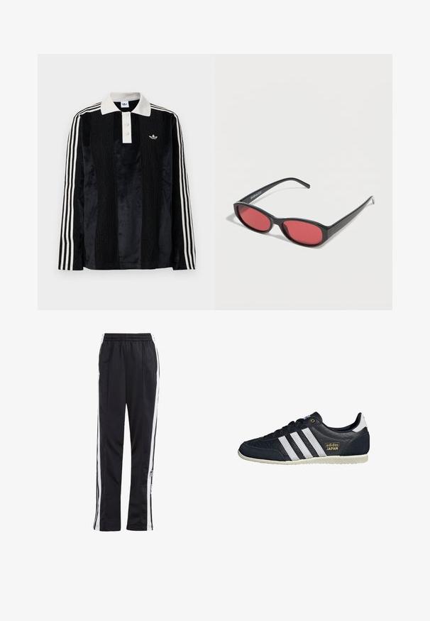 Schwarzes Samt-Poloshirt mit langen Ärmeln und einem weißen gerippten Kragen, drei Knöpfen, strukturiertem Vorderteil und drei weißen Streifen an jedem Arm.; Schwarze Jogginghose mit weißen Seitenstreifen, elastischem Bund und einem Logo-Patch. Hergestellt aus glattem, leichtem Stoff. Gerades Bein-Design.; Schwarze Leder-Sneaker mit drei weißen Streifen, strukturierter Oberfläche, goldenem "adidas JAPAN"-Logo und einer gummierten Sohle mit Grip-Muster.; Schwarze ovale Sonnenbrille mit schlanken Bügeln und rot getönten Gläsern, die auf einer weißen Oberfläche liegt.