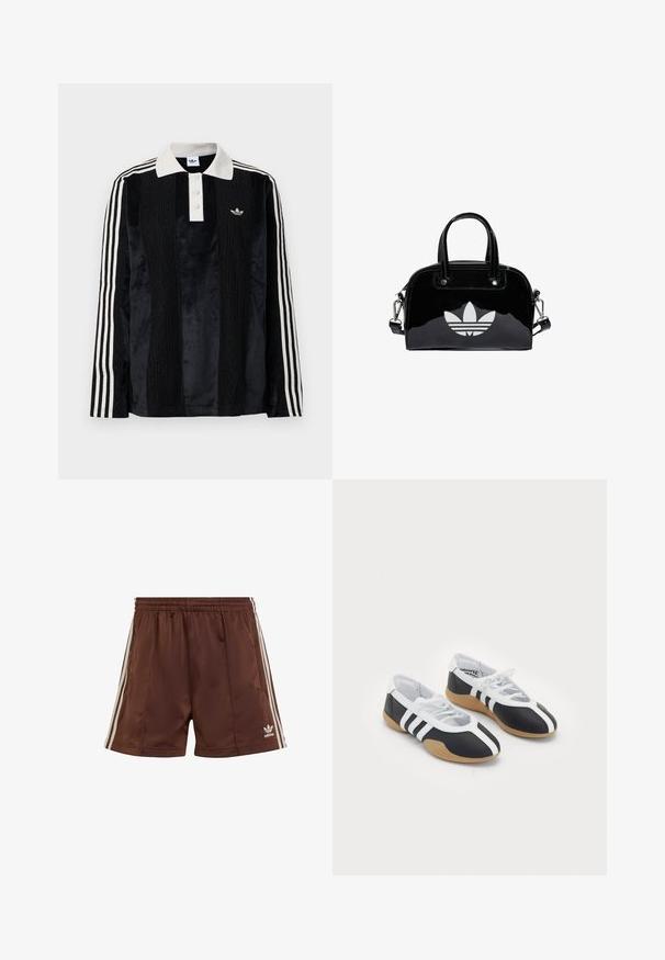 Schwarzes Samt-Poloshirt mit langen Ärmeln und einem weißen gerippten Kragen, drei Knöpfen, strukturiertem Vorderteil und drei weißen Streifen an jedem Arm.; Braune Sportshorts aus glattem Stoff mit lockerer Passform, die weiße seitliche Streifen und ein besticktes Logo am unteren linken Saum aufweisen.; Schwarz-weiße Sportschuhe mit einem eleganten Design, Gummisohle, Schnürverschluss und drei weißen Streifen an den Seiten.; Schwarze Handtasche aus Lackleder mit abgerundeter Form, doppelten Tragegriffen, silbernen Akzenten und einem auffälligen weißen Logo auf der Vorderseite.