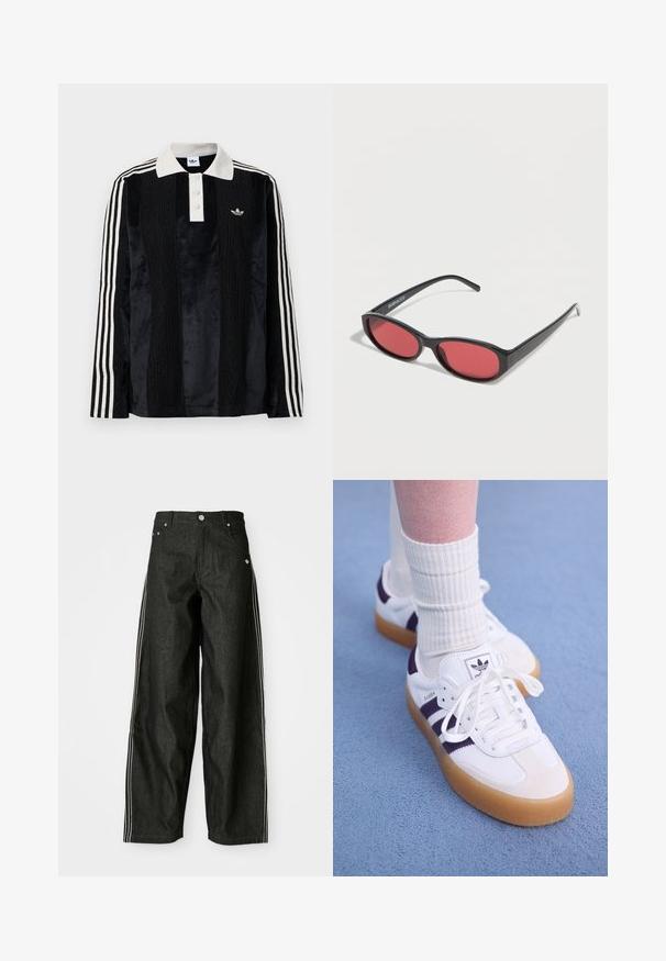 Camisa polo de manga larga de terciopelo negro con un collar acanalado blanco, tres botones, frente texturizado y tres rayas blancas en cada manga.; Pantalones anchos de mezclilla negra con rayas laterales blancas, que cuentan con bolsillos delanteros, una bragueta con botones y un logo sutil cerca de la cintura.; Zapatillas Adidas Samba blancas con rayas moradas, con suela de goma y cordones. Llevadas con calcetas blancas de canalé.; Gafas de sol ovaladas negras con varillas delgadas y lentes tintados de rojo descansando sobre una superficie blanca.