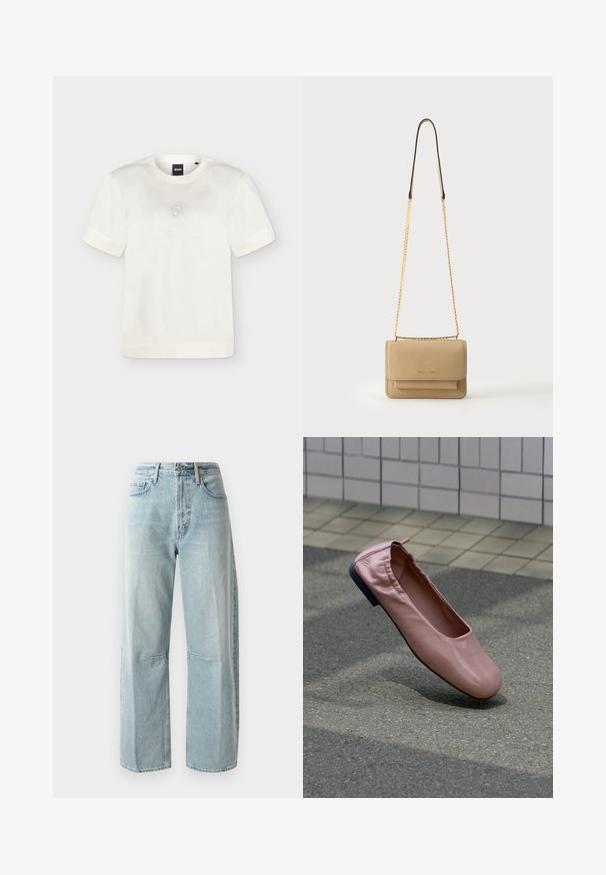 Hvid kortærmet t-shirt med rund hals og et subtilt prikkemønster, der danner en firkant på brystet, samt en sort BOSS-label inde i kraven.; Lyseblå vide jeans lavet af denim. Har en høj talje, to forlommer og en lige benlængde med let fading i stoffet.; Lyserød flad lædersko med elastisk hælkappe svævende over grå asfaltbund, flisevæg i baggrunden.; Beige tekstureret læder crossbody-taske med guldkæde-rem og klaplukning, kompakt rektangulært formet, Michael Kors-logo på forsiden.