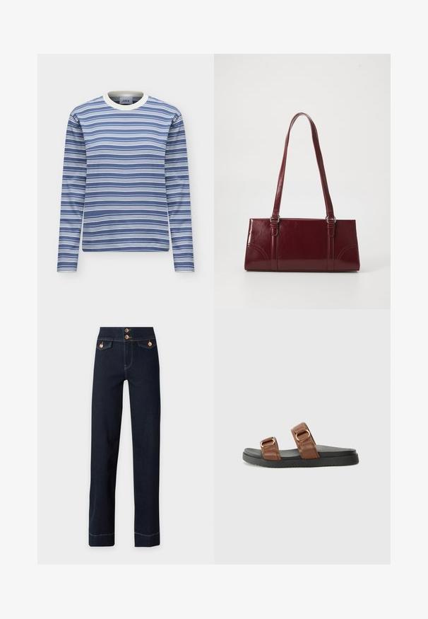 Chemise à manches longues rayée horizontalement bleu et blanc avec un col rond blanc et un ourlet droit.; Jean bleu foncé taille haute avec jambes droites, boutons en cuivre, poches à rabat à l'avant et coutures jaunes visibles.; Des sandales en cuir marron à glisser présentent deux larges lanières avec du matériel doré, reposant sur une semelle en caoutchouc noir texturé.; Sac à main bordeaux en matériau brillant, de forme rectangulaire, avec deux anses et des accents légèrement courbés à l'avant.