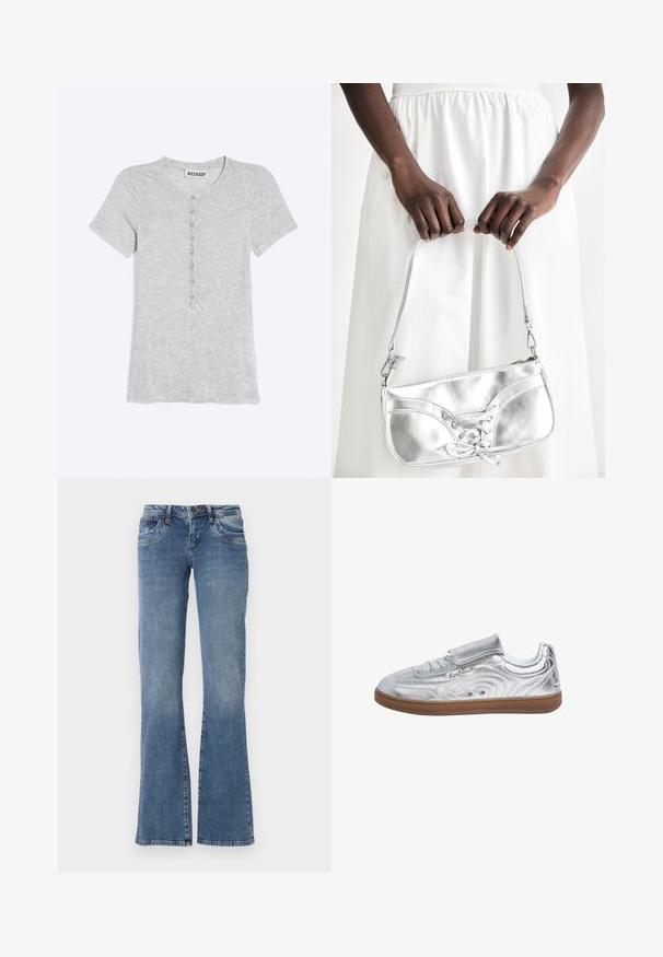 Camiseta gris claro de manga corta con cuello redondo y una fila vertical de pequeños botones en la parte delantera, extendida sobre un fondo liso.; Jeans de mezclilla azul con bolsillos frontales, pasadores para cinturón y un ligero acampanado en la parte inferior, exhibidos sobre un fondo blanco.; Pepe Jeans Zapatillas - silver-coloured; Bolso metálico plateado con detalle de cordones, que presenta un diseño elegante y una correa corta. El bolso está sostenido con las manos, mostrando su textura.