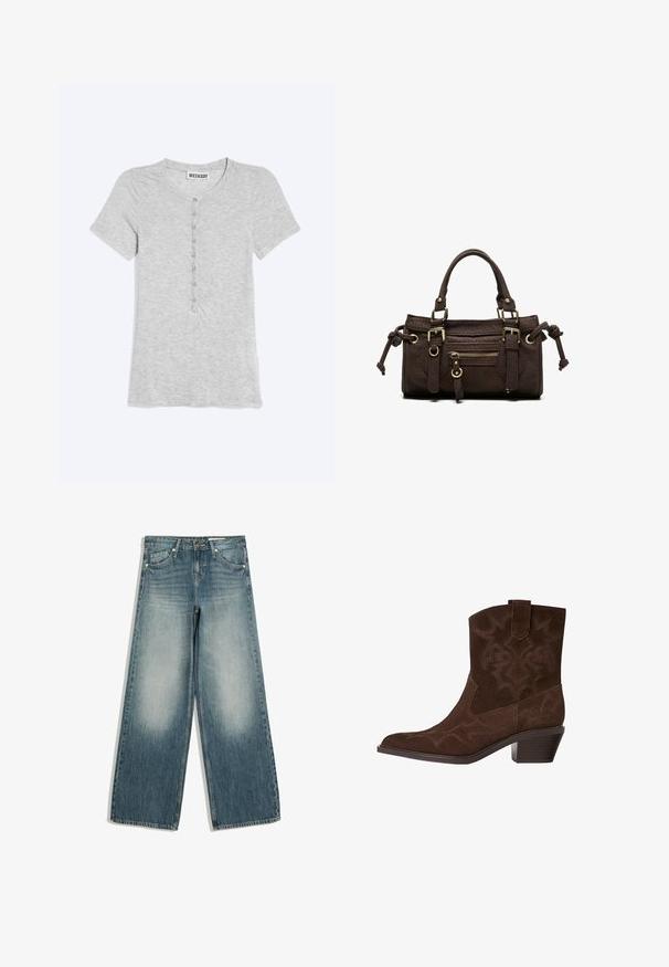 Lysgrå T-shirt med korte ærmer, rund hals og en lodret række af små knapper foran, lagt fladt på en ensfarvet baggrund.; Blå jeans med vide ben, med falmede områder på forreste lår, forlommer, bæltestropper og knaplukning.; Brune ruskinds cowboystøvle med spids tå, dekorative syninger, ankelhøjde og en stablet hæl. Har en pull tab for nem påtagning.; Mørkebrun læderhåndtaske med dobbelte håndtag, forreste lynlåslomme, dekorative spænder og sideknuder på hvid baggrund.