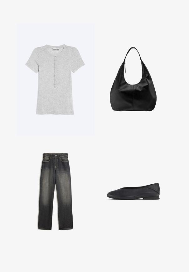 Lysgrå T-shirt med korte ærmer, rund hals og en lodret række af små knapper foran, lagt fladt på en ensfarvet baggrund.; Mørk vask denim jeans med en afslappet pasform, der har lige ben, synlige sømme og en falmet gradient effekt på forsiden.; Sorte læder flade sko med rund tå og lav hæl, designet til både casual og formelt brug.; Sort læder slouchy hobo-håndtaske med en enkelt bred rem og en lynlåsdetalje på en ensfarvet hvid baggrund.