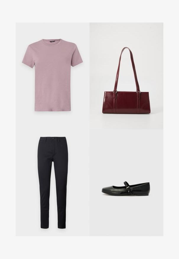 T-shirt pour homme à col rond dans un mauve clair, fabriqué en tissu doux. Manches courtes, coupe régulière, avec une texture lisse et sans motifs visibles.; Pantalons noirs en tissu lisse, avec une taille standard, des poches avant et des jambes fuselées. Pas de motifs ou d'accents visibles.; Ballerines en cuir noir avec un bout arrondi, une semelle plate et une fine sangle ajustable sur le cou-de-pied avec une boucle en métal.; Sac à main bordeaux en matériau brillant, de forme rectangulaire, avec deux anses et des accents légèrement courbés à l'avant.
