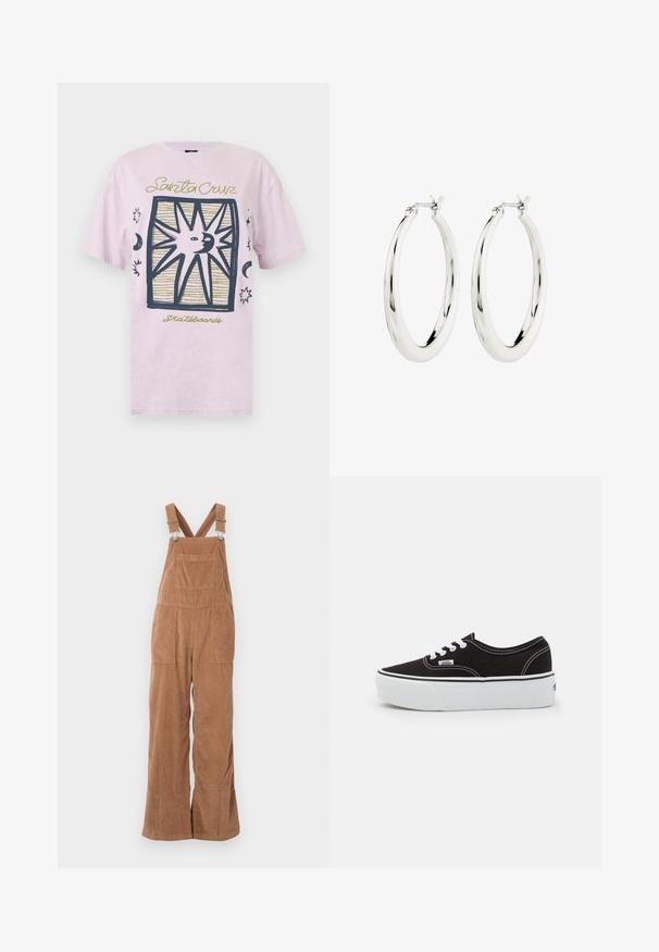 Lyserød T-shirt med en central grafik af en sol- og måneansigt, omgivet af stjerner og halvmåner, med teksten "Santa Cruz Skateboards".; Brune kordfløjs overalls med brede ben, justerbare stropper og forlomme. Blød tekstur med lodret ribbet mønster.; Sort lærred sneakers med en hvid gummi platform sål, der har hvide snørebånd og syninger, ikonisk branding på siden, lav-top design.; Sølvøreringe i form af hoops med en glat, blank finish. Cirkulær form, der har en sikker lås. Simpelt og elegant design.