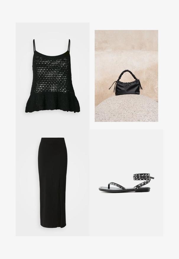 Débardeur noir en tricot avec un motif en crochet lâche, des bretelles fines et un ourlet évasé pour plus de forme et de texture.; Jupe noire, de longueur genou, fabriquée en tissu doux et extensible. Elle possède une taille ajustée et une fente sur le côté pour faciliter les mouvements.; Sandale plate noire avec fines lanières, clous argentés et fermeture à boucle enveloppant la cheville, sur un fond clair uni.; Sac à main noir froncé avec une poignée froncée, posé sur une sphère en pierre texturée devant un mur en béton beige.