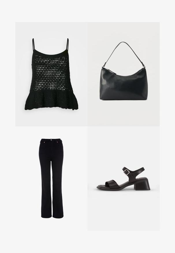Sort strikket tanktop med en løs hæklet design, tynde stropper og en flagrende nederste kant for ekstra form og tekstur.; Sorte bukser med højt liv og lige ben med knap- og lynlåslukning, bæltestropper og forlommer.; Sort lædersandal med åben tå, en bred rem over foden og en ankrems, der har en sølvspænde. Design med blokhæle.; Sort skuldertaske i struktureret læder med buet toplynlås og enkelt justerbar rem mod ensfarvet baggrund.