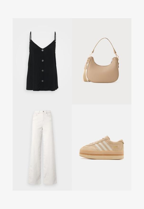 Zwarte camisole met dunne verstelbare bandjes, een V-hals en zes knopen aan de voorkant. Zacht fabric met een gladde, lichte textuur.; ONLY Tall ONLHOPE GLOBAL HIGH WAIST WIDE - Broek - pumice stone; Beige suede platform sneakers met witte drie stroken, ronde neus en beige rubberen zool met een gouden logo-accent aan de zijkant.; Kleine beige schoudertas met een gebogen bovenkant, afneembare lange strap en vergulde sluitingen tegen een effen witte achtergrond.