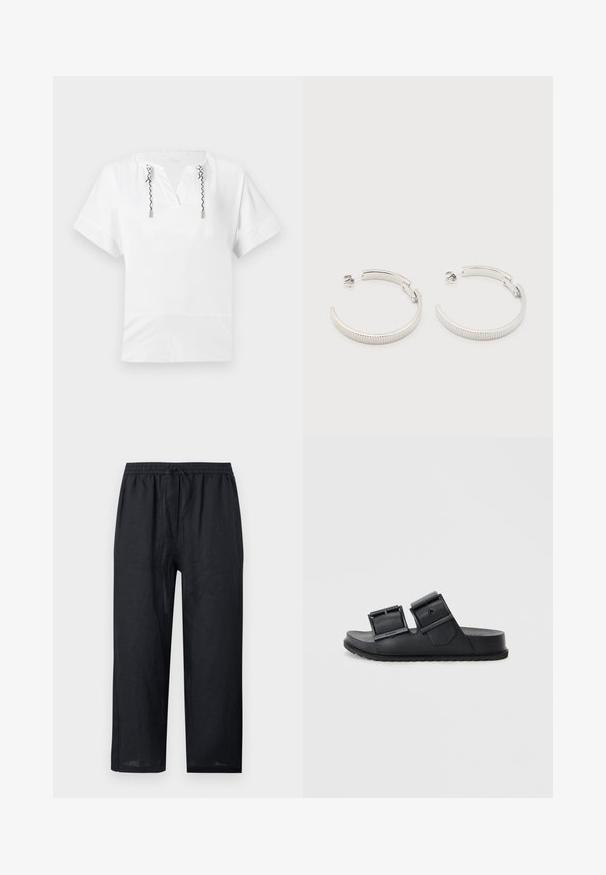 Top blanco de manga corta con escote en V y cordones retorcidos en blanco y negro que cuelgan de ojetes metálicos en el escote.; Pantalones de lino negros de corte holgado con cintura elástica y cordón, piernas rectas, sin bolsillos visibles, exhibidos sobre un fondo claro.; Sandalias de slide negras hechas de un material texturizado con dos correas ajustables que cuentan con hebillas. Suela plana con un diseño de dibujo para mayor agarre.; Pendientes de aro semicírculo en tono plateado con textura acanalada y cierre de presión sobre fondo blanco.