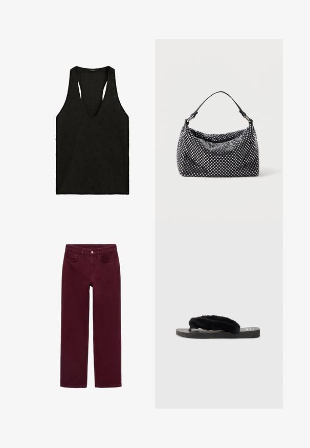 Sort ærmeløs top med dyb rund halsudskæring og diskret tekstureret mønster i hele stoffet, lagt fladt på hvid baggrund.; Bordeauxfarvede jeans lavet af bomuld, med et lige ben design, fem-lomme stil og en knaplukning i taljen.; Sort klipklap-sandal med tykke, bløde, pelsbeklædte remme og en tekstureret sål, vist fra siden mod en ensfarvet lysegrå baggrund.; Sort og sølv håndtaske med en vævet, struktureret overflade med firkantede mønstre, en enkel top håndtag og et slasket design.
