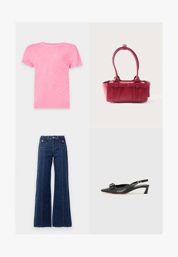 Camiseta rosa lisa de manga corta con cuello redondo, mostrada extendida sobre un fondo claro, sin patrones ni logotipos visibles.; Jeans de denim de pierna ancha en azul oscuro. Cuenta con cuatro bolsillos, grandes detalles de costura y un diseño de cintura alta. Cierre clásico de botón.; Zapato slingback de cuero negro con punta afilada, tacón pequeño y detalle de hebilla decorativa en la parte superior. Textura suave, diseño minimalista.; Bolso de cuero rojo con dos asas superiores, lazos decorativos en la parte delantera y una etiqueta en el lateral sobre un fondo blanco.