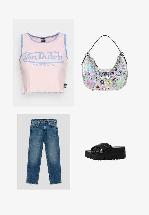 Roze geribbelde crop top met lichtblauwe afwerking en een groot blauw "Von Dutch" logo. Heeft een rauwe zoom en een label aan de zijkant.; Blauwe jeans met rechte pijpen, voorzakken, riemlussen, knoopsluiting en lichte slijtage op de dijen en knieën.; Zwarte platform sandalen met gekruiste banden van glad leer, voorzien van een dikke, gestructureerde zool en een licht afgeronde teen.; Kleine zilveren handtas met kettinghengsel, kleurrijke geborduurde patches waaronder vlinders, ogen, smiley, lieveheersbeestje en de woorden "NO" en "Yes!".