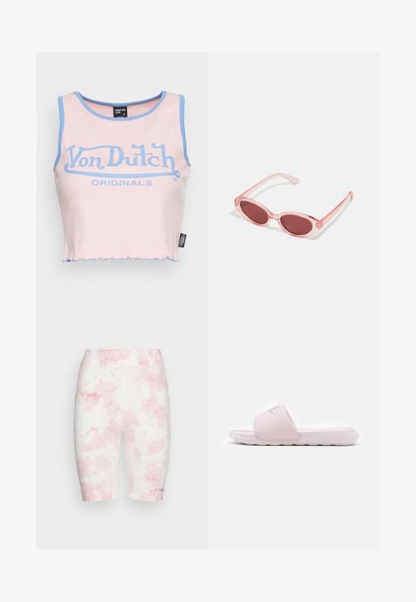 Top corto de canalé rosa con ribete azul claro y un gran logo azul de "Von Dutch". Presenta un dobladillo sin rematar y una etiqueta en el costado.; FUBU CORPORATE TIEDYE CYCLING - Shorts - pink; Sandalia de slide rosa con una suela de goma flexible, tirante acolchado y diseño minimalista. Presenta un logo en la tira y textura suave.; Gafas de sol transparentes rosas con lentes ovalados, tinte rojo oscuro y varillas delgadas, con un acabado suave y detalles sutiles en la montura.