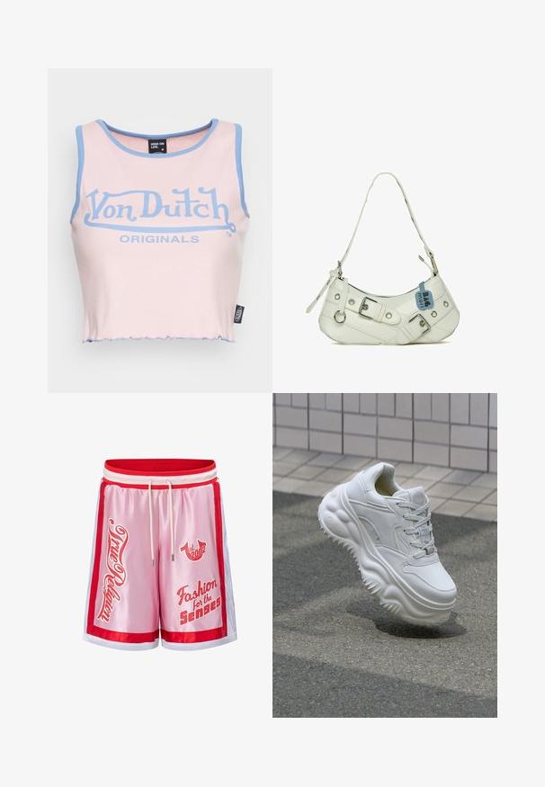Top court en coton rose à côtes avec un bord bleu clair et un grand logo « Von Dutch » bleu. Il présente une finition brute et une étiquette sur le côté.; Short de sport en satin rose avec bordure rouge et blanche, cordon blanc et texte rouge indiquant « True Religion », « est. 2002 » et « Fashion for the Senses ».; Baskets blanches en cuir avec une semelle épaisse, des détails texturés et un système de laçage. Présente des accents moulés et une finition lisse.; Sac à main synthétique blanc avec une silhouette incurvée, une bandoulière réglable, une boucle décorative, du matériel en argent et une étiquette bleue attachée.