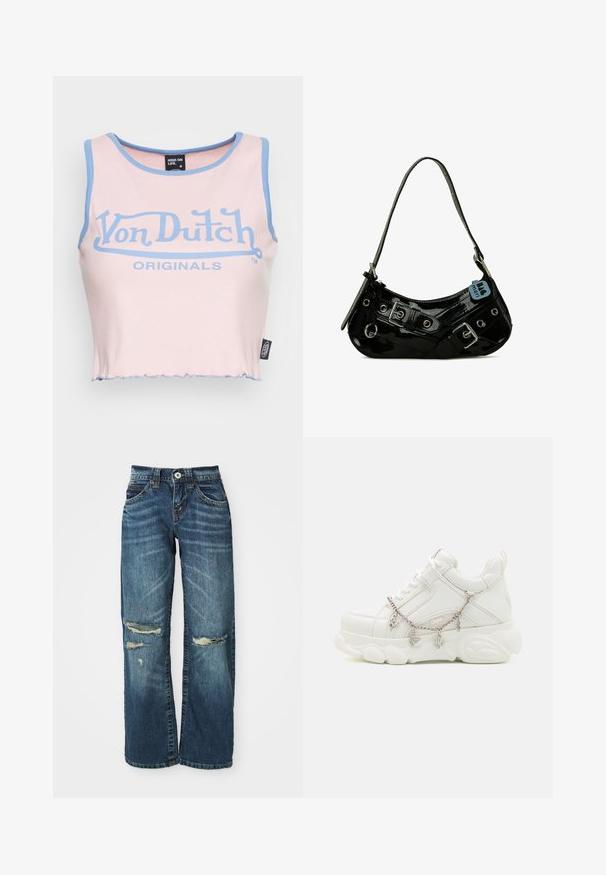 Ružový rebrovaný crop top s jasne modrým lemom a veľkým modrým logom "Von Dutch". Má surový lem a etiketu na boku.; Modré džínsy so širokým strihom, s poškodenými miestami, roztrhnutými časťami nad kolenami a klasickým zapínaním na gombík a zips.; Biele tenisky s robustnou podrážkou, textúrovaným koženým zvrškom a ozdobným kovovým retiazkou s príveskami. Obsahujú šnurovanie a polstrovaný golier.; Čierna lakovaná kožená taška s zakriveným tvarom, s striebornými kovaniami, dekoratívnymi prackami a krátkym popruhom. Pripojená modrá visačka.
