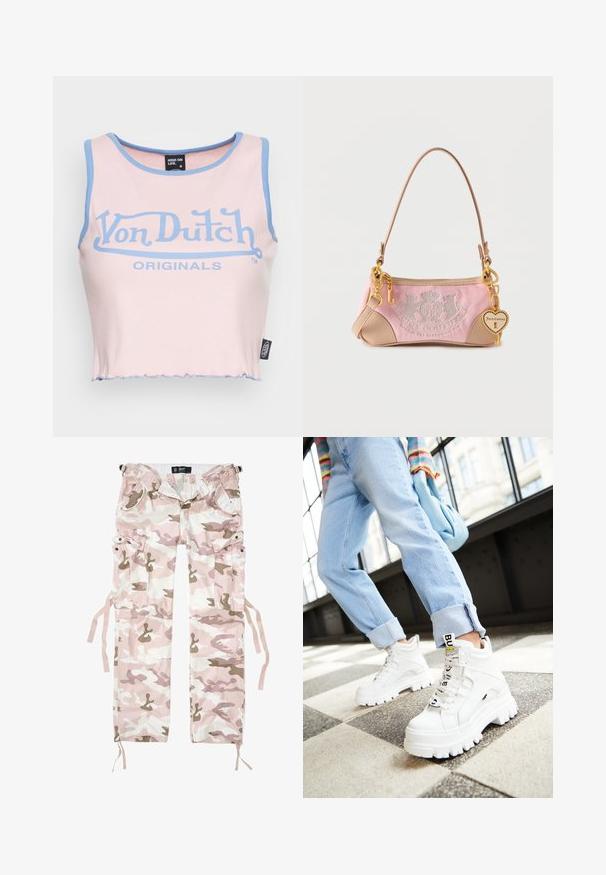 Top corto de canalé rosa con ribete azul claro y un gran logo azul de "Von Dutch". Presenta un dobladillo sin rematar y una etiqueta en el costado.; Pantalones cargo de camuflaje en tonos rosas y beiges, de material de algodón, que cuentan con varios bolsillos y cordones de ajuste en los puños.; Zapatillas blancas gruesas con suelas gruesas, cordones en la parte delantera y etiqueta de marca. Combinadas con unos jeans azul claro con puños sobre un suelo estampado.; Bolso pequeño de Juicy Couture en tonos rosa y beige con un asa fina, llave y colgante de corazón dorados, y logo bordado en el frente.