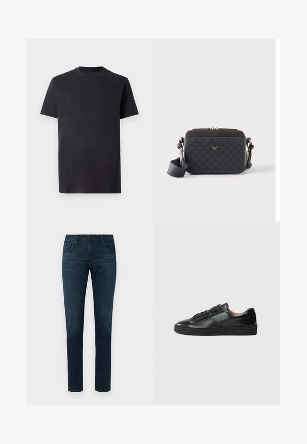 Zwarte katoenen t-shirt met een ronde hals, korte mouwen en een reliëf logo detail op de borst. Soepele textuur, ontspannen pasvorm.; Donkerblauwe slim-fit jeans met vijf zakken, sluiting met een knoop aan de voorkant en ritssluiting, tentoongesteld tegen een witte achtergrond.; Zwarte leren sneaker met een gladde textuur, ronde neus en vetersluiting. Heeft een dikke rubberen zool en minimale merkaanpassing.; Rechthoekige donkerblauwe crossbodytas met verstelbare riem, ritssluiting en subtiel logopatroon op het voorpaneel.