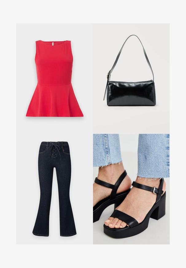 Rød ærmeløs peplum-bluse med rund halsudskæring og figursyet talje, vist på ensfarvet baggrund.; Mørkeblå flare-jeans med snørelukning foran og forlommer, vist fladt mod en ensfarvet baggrund.; ALDO CELIE - Højhælede sandaletter / Højhælede sandaler - black; Sort rektangulær skuldertaske med en enkelt justerbar rem og lynlås i toppen på en ensfarvet baggrund.