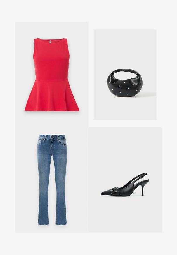 Rød ærmeløs peplum-bluse med rund halsudskæring og figursyet talje, vist på ensfarvet baggrund.; Lysblå denim flared jeans med fem lommer, lukning med knap og gule syninger. Stoffet har en glat tekstur.; Sort læder højhælet sko med spidst tåparti, slingback og rem med spænde og nitter foran.; Sort læderhåndtaske med en rundet form, dekoreret med sølvnitter, og et kort håndtag. Glat tekstur og lynlåslukning.