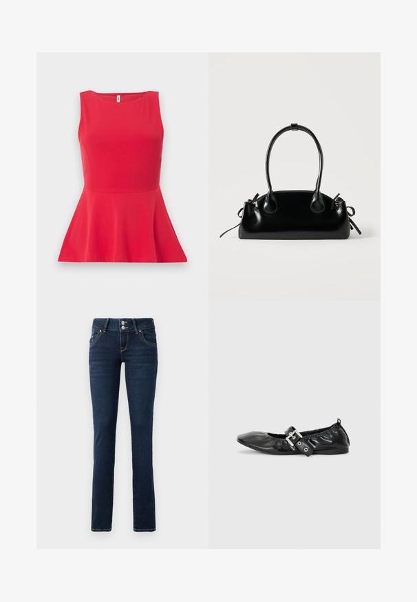 Rød ærmeløs peplum-bluse med rund halsudskæring og figursyet talje, vist på ensfarvet baggrund.; Mørkeblå skinny jeans med dobbeltknaplukning, frontlommer og gule syninger på hvid baggrund.; Sorte læder flade sko med spids tå, samling detaljer omkring åbningen, og en sølv spænde accent på den justerbare rem.; Lille sort blank håndtaske med to lange håndtag og snøre-detaljer i siden på en ensfarvet lys baggrund.