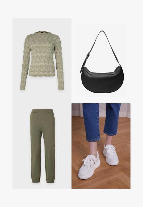 Top de manga larga en verde apagado, con un patrón texturizado de diamantes en relieve. Tejido suave con un brillo sutil y escote redondeado.; Pantalones jogger en verde oliva con cintura elástica, puños ajustados y un bolsillo lateral tipo cargo con detalle de cremallera. Tela suave y elástica.; Piernas con vaqueros azules recortados y zapatillas blancas con cordones y plataforma, de pie sobre un suelo de madera clara.; Bolso de cuero negro con forma de media luna, con una larga correa ajustable y cierre superior con cremallera.