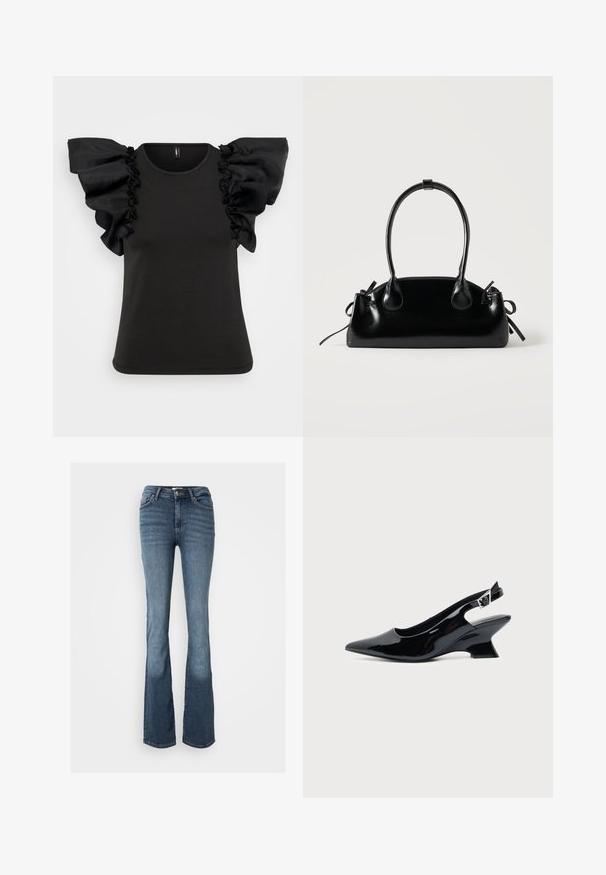 Sort kortærmet t-shirt med store, rynkede, gennemsigtige ærmer. Lavet af blødt materiale med rund halsudskæring og tætsiddende pasform.; Bootcut jeans lavet af blåt denim. Har en mid-rise talje, fem lommer, diskrete syninger og et let falmet udseende på benene.; Sort laklæder slingback sko med spids tå og lav vinklet blokhæl på ensartet lys baggrund.; Lille sort blank håndtaske med to lange håndtag og snøre-detaljer i siden på en ensfarvet lys baggrund.